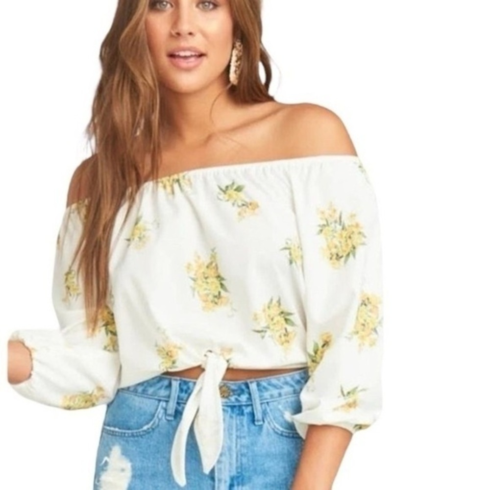 Show Me Your Mumu Santiago Floral Tie Front Off Shoulder Crop Top - XXS